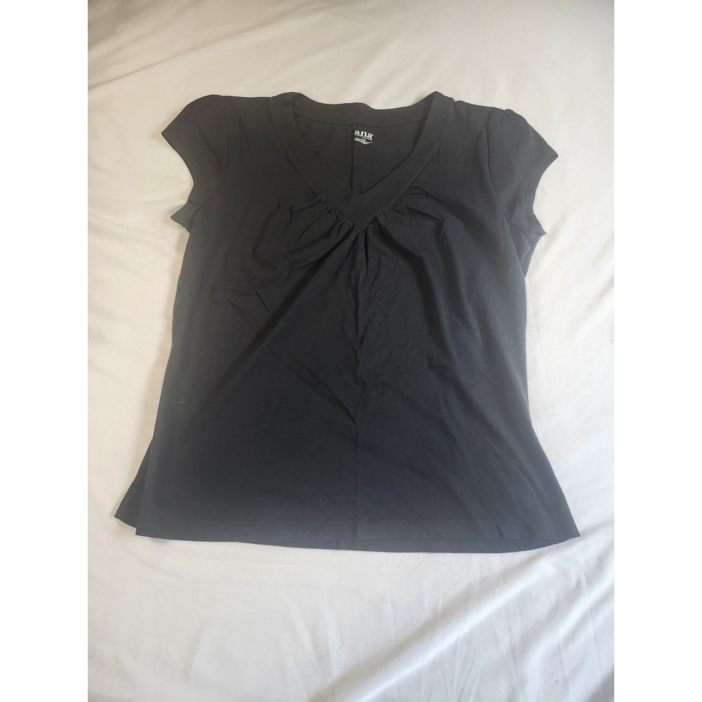 a.n.a A New Approach Womens V-Neck Ruched Cap Sleeve Topβ Black Size L